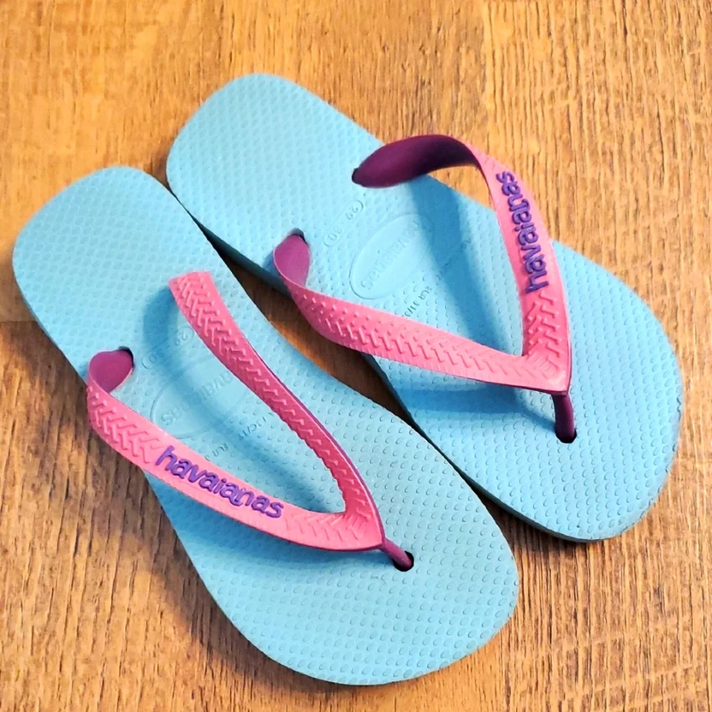 Havaianas Girls Size 13/1Y Aqua‎ Blue and Pink Flip Flops